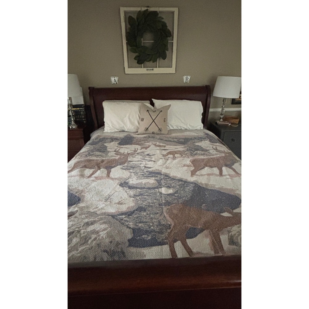 VTG USA Cabin Fleece Blanket Deer Buck Scenic Thin Fuzzy Camp Throw Rustic Full - Picture 2 of 10